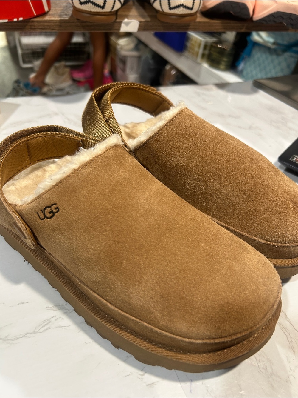 UGG Goldenstar Chestnut Suede Clogs Slingback Platform Shoes
